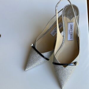 Jimmy Choo Silver Glitter Slingback Heels